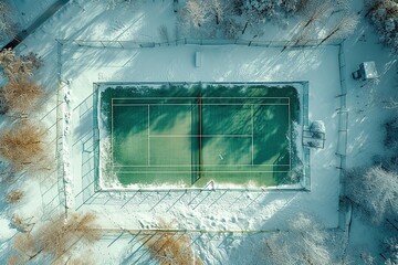 snow forest tennis court - obrazy, fototapety, plakaty