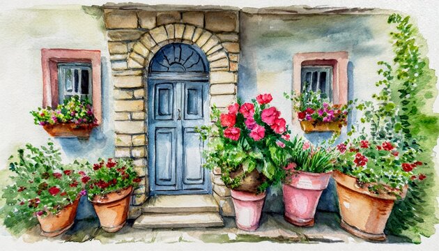 Watercolor illustration of old house with flowers in pots. Provence style building facade decorated with plants.