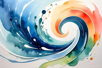 Schilderijen op glas spiral summer abstract blue, green and orange swirl watercolor textured background. wave curl paint twisted © pornpun