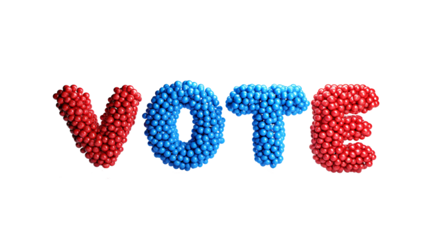 Colorful 3D-rendered balloons forming the word VOTE isolated on transparent, symbolizing political elections and the importance of civic engagement