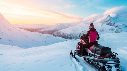 Woman on her back on a snowmobile in a snow-covered mountain landscape