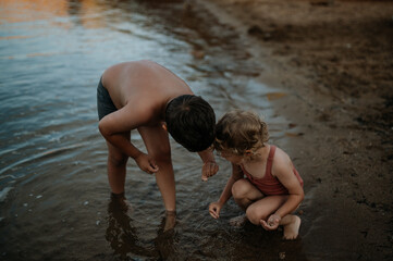 Brother helping sister seraching for shells in sand. Small girl in swimsuit playing at beach,...
