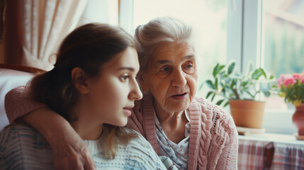 Girl caring for her grandmother at home