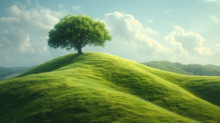 A lush green hillside with a single tree in the middle of a cloudy sky Generative AI