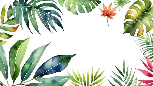 abstract watercolor tropical plants, flowers leaves and twigs on a white background, cover, banner, decoration, wallpaper