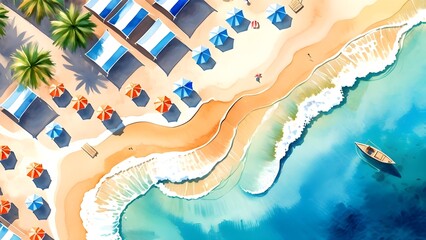 tropical beach in daytime. top view of sea beach watercolor painting for background.