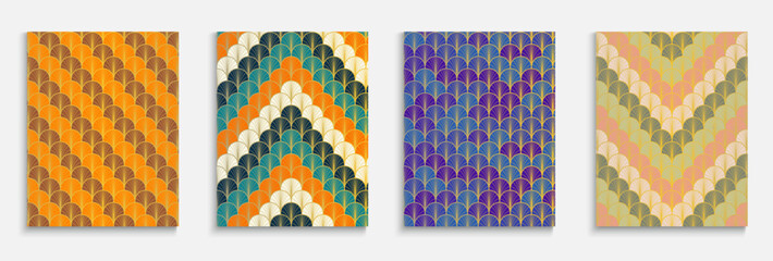 Asian Gold Fan Simple Cover Set. Premium Geometric Print. Trendy Dynamic Noble Textile Backgroud. Japanese Retro Template Set. Kimono Stripes Folder. Bright Color Ethnic A4 Pattern. - 728370463