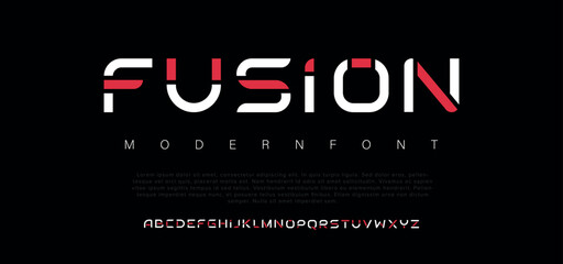 Fusion modern techno sci fi display font, abstract geometric stencil expanded alphabet, clean monospaced letter set rave typeface