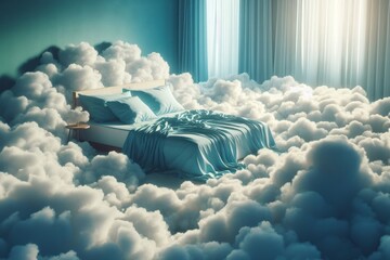 Generated image of bed sitting in the middle of a cloud filled room, super fluffy, cant believe it is real