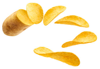 Flying potato slice into potato chips isolated
