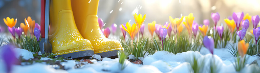 Gum boots with spring flowers and gardening tools with grass growing through the soil. Concept of gardening, spring coming and winter leaving.
