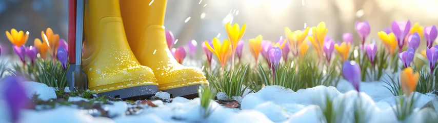 Tuinposter Gum boots with spring flowers and gardening tools with grass growing through the soil. Concept of gardening, spring coming and winter leaving. © linda_vostrovska