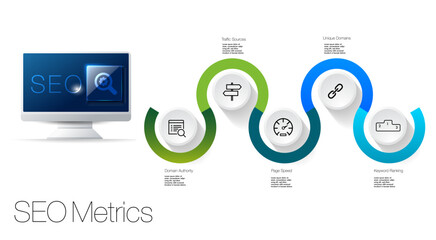 Infographic 5 step SEO and road map for business chart to present data, progress, direction, clean design	