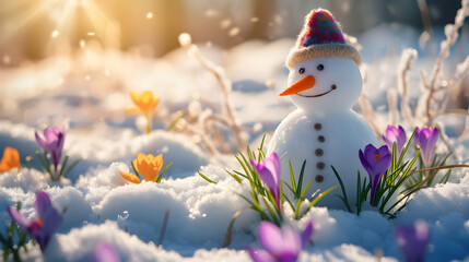 Snowman on a meadow with grass and spring flowers growing through the melting snow. Concept of spring coming and winter leaving.