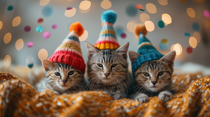 Kitten with party hats in blurred background, glitter and gold background