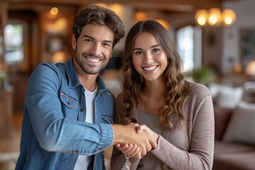 Smiling Couple Shaking Hands in a Modern Home Generative AI