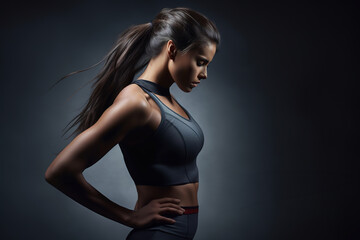 Fototapeta premium Tired beautiful athletic woman looking down after intensive cross fitness training over grey background.