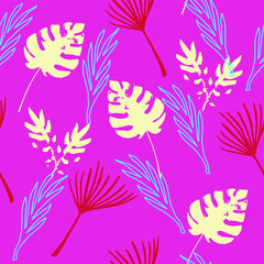 Trendy Tropical Vector Seamless Pattern. Painted Floral Background. Monstera Dandelion Banana Leaves Feather