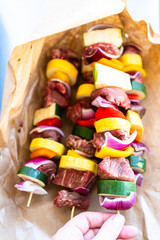 Grill Delights-Beef and Veggies Sizzling on Skewer