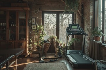 Home workout fitness corner, treadmill in a cozy setting.