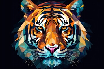 Low poly style portrait of a tiger on a dark background.