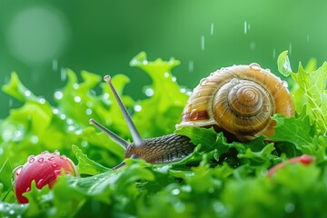 Macro shot of a snail on the grass after the rain