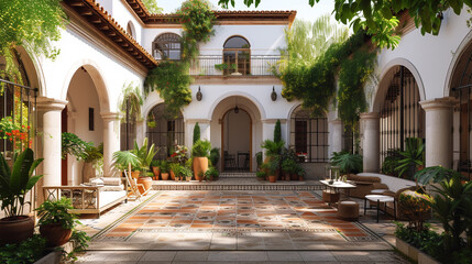 a Spanish colonial home with arched doorways, wrought iron details, and a tiled courtyard. 