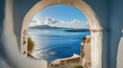 View of the sea from the house through the arch, Santorini island, Greece.