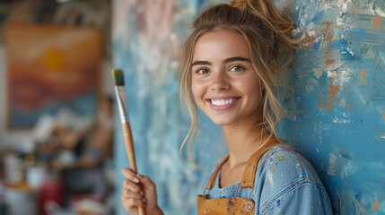 Fototapeta premium Young woman artist painting a wall with beautiful colors 