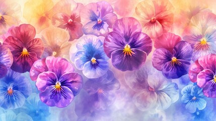Watercolor with colorful pansy flowers.