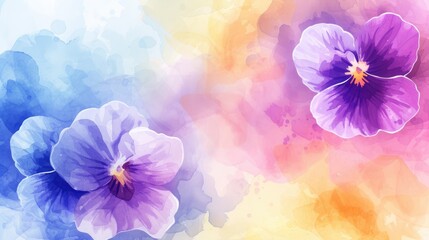 Watercolor with colorful pansy flowers.