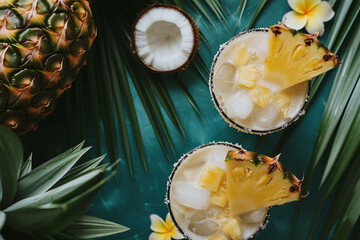 Tropical cocktail with pineapple and coconut in glass, green blurred plants on the background. AI generated.