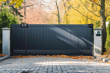 Wide automatic sliding gate with remote control. Security and protection concept.