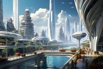 A Futuristic City Surrounded by Tall Buildings - obrazy, fototapety, plakaty
