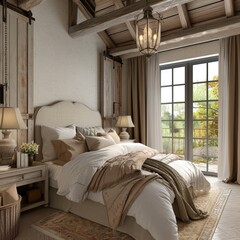Bedroom with a large double bed in the style of the French countryside