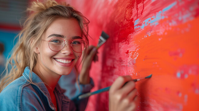 Young woman artist painting a wall with beautiful colors 
