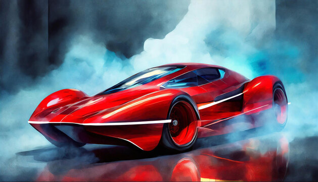 Elegant futuristic, bright red shiny car of the future, headlights on, blue smoke