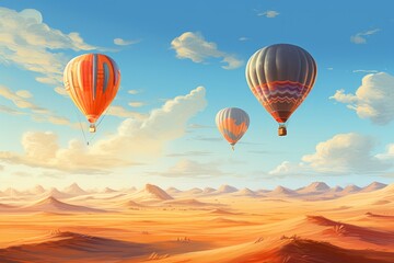 Three Hot Air Balloons Flying Over a Desert Landscape