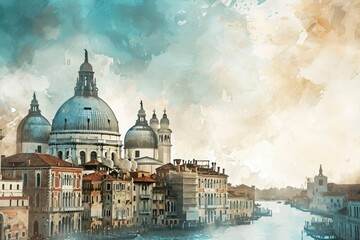 Venetian famous landmarks, hand drawn illustration, watercolor - obrazy, fototapety, plakaty