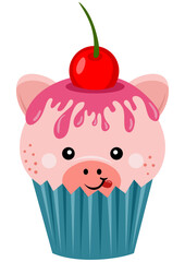 Cute pig on top of a delicious cupcake