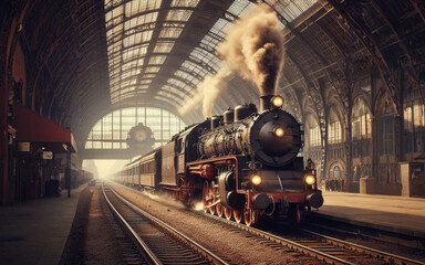Steam locomotive stands on the platform of the station
