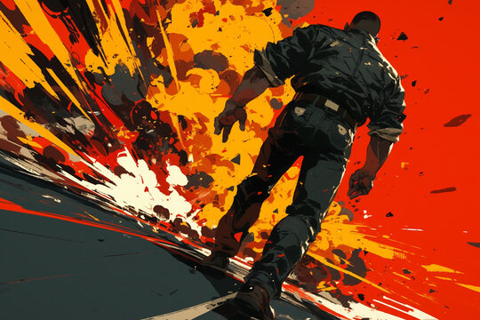 Illustration in anime style 1980s brave action movie hero with explosion on background