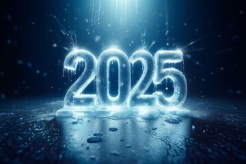 a number 2025 made out of ice on blue background, clear figures