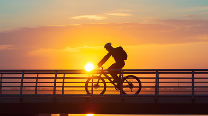 Cyclist with a backpack riding across a bridge