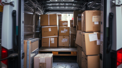 Inside of a delivery van filled with packages. Boxes stacked inside of van. Increase in package postwith modern online shopping trends.