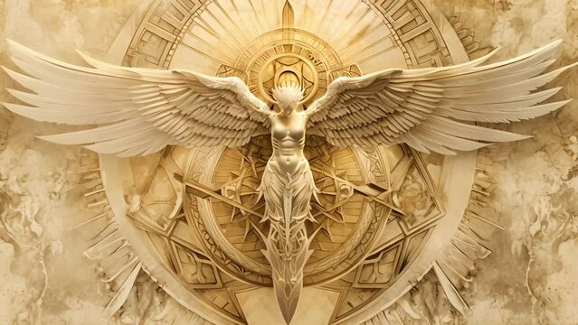 A zoomorphic angel with the body of a lion and the wings of an eagle stands proudly atop an alchemical symbol representing the merging of heaven and earth.