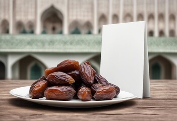 Mockup - graphic ressource - For the breaking of the fast of the month of Ramadan or Ramadan Kareem - White card and plate of dates placed on a table - Mosque background.
