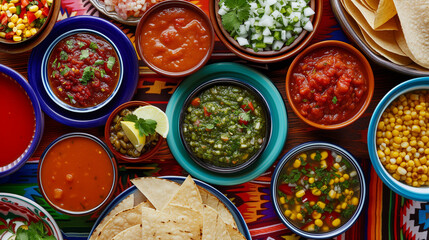Festive table setting with a variety of salsas - obrazy, fototapety, plakaty