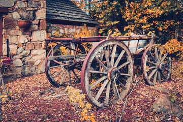 Fototapeta na wymiar Old cart in the town of Hahndorf during autumn season, Adelaide Hills, South Australia