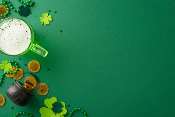 Embrace St. Patrick's vibes at the pub. Overhead view of ale glass, golden coin pot, trefoils, confetti, and beads on a green background. Ideal for your event promotion
